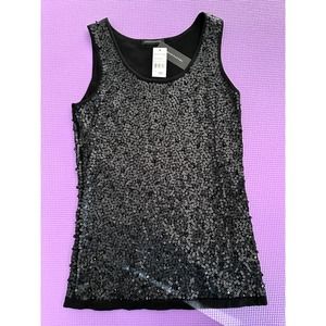 Josie Natori Silk Top Black Sequins XS Silk & Cotton sleeveless round neck NEW